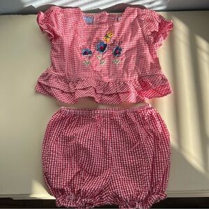 Vintage 1990s Baby Headquarters Red Gingham Embroidered 2pc Baby Set
